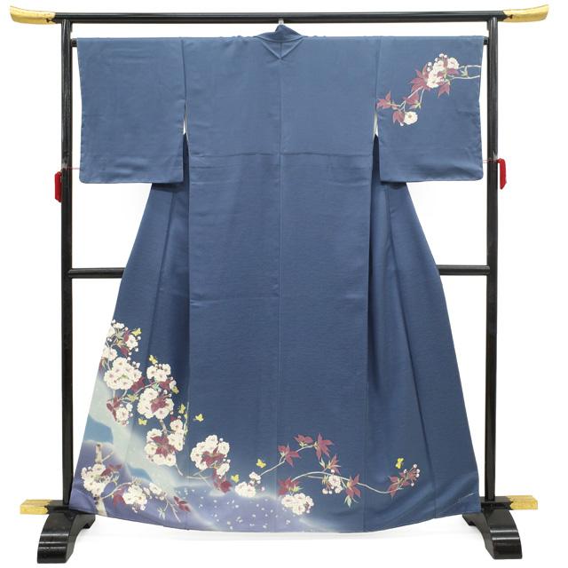 訪問着 着物 未使用 フォーマル 正絹 袷 手描き友禅 ブルーグレー 桜