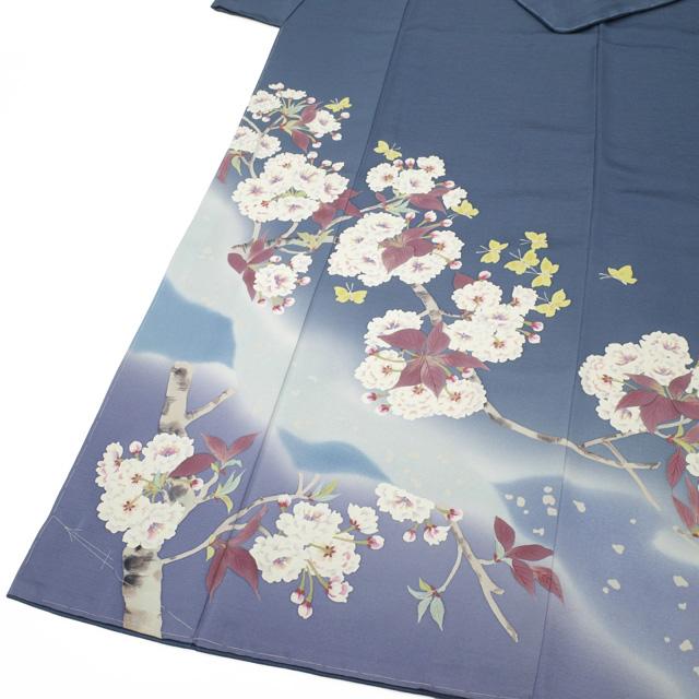訪問着 着物 未使用 フォーマル 正絹 袷 手描き友禅 ブルーグレー 桜