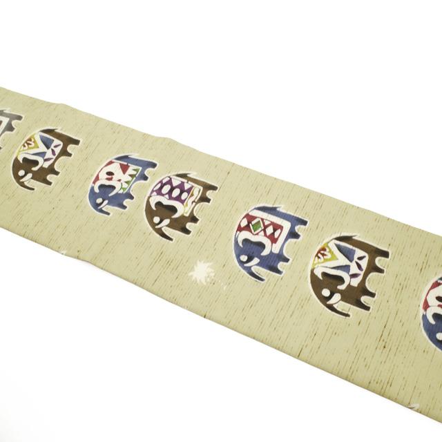 名古屋帯 九寸 正絹 未使用 東京染 紅型染 木蘭色 ぜんまい紬 象 ヤシ