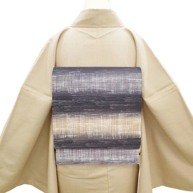 本場牛首紬 名古屋帯 未使用 正絹 白山工房 手染め 濃紫 紫グレー 淡茶