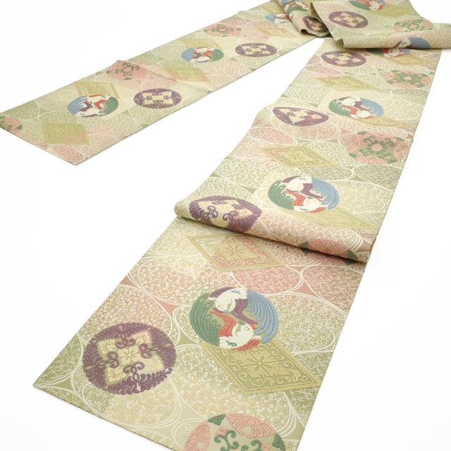 袋帯 京都 西陣 正絹 芳彩美術織物 総通唐織 淡緑 抹茶色 桃色 有職