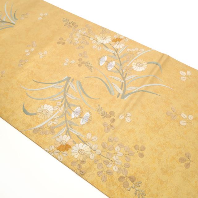 袋帯 未使用 フォーマル 正絹 手刺繍 蘇州刺繍 引箔地 金色地 菊 草花