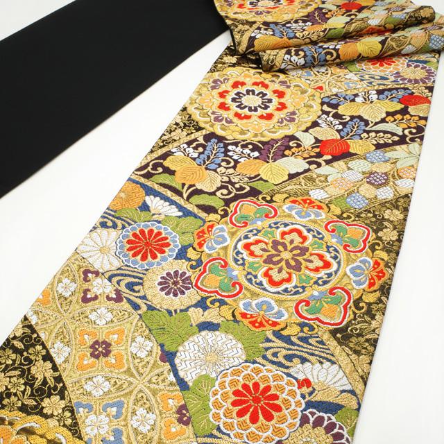 袋帯 有職華飾錦文 黒地 ブラック 菊 華文 花七宝 桐 古典柄 多色 金糸