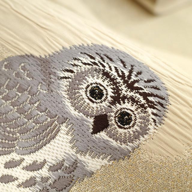 袋帯 京都 西陣 正絹 変わり織 上質 ベージュ 木 梟 ふくろう フクロウ