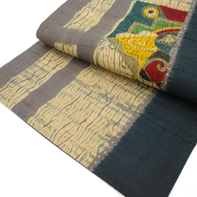 名古屋帯 九寸 京都 しょうざん 生紬 正絹 手染め 絞り グレー × 百入