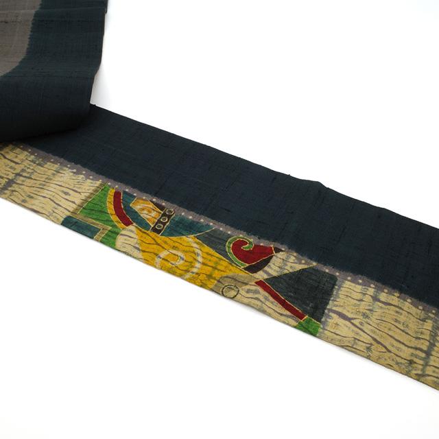 名古屋帯 九寸 京都 しょうざん 生紬 正絹 手染め 絞り グレー × 百入