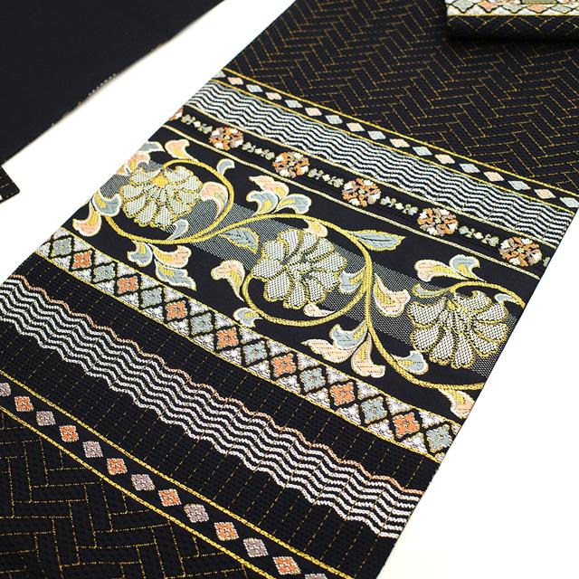 袋帯 螺鈿箔 正絹 絹 金糸 銀糸 黒地 黒 花唐草 横段 花菱 網代文