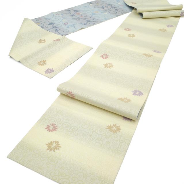 袋帯 リバーシブル 両面 正絹 軽量帯 薄黄 × 水色 花柄 花唐草