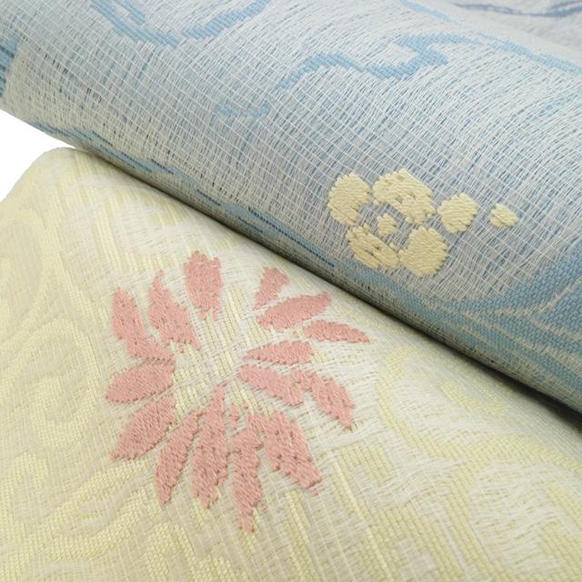 袋帯 リバーシブル 両面 正絹 軽量帯 薄黄 × 水色 花柄 花唐草