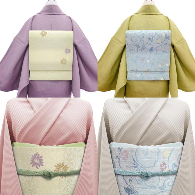 袋帯 リバーシブル 両面 正絹 軽量帯 薄黄 × 水色 花柄 花唐草