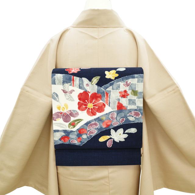 名古屋帯 リサイクル 九寸 縮緬 正絹 染め帯 手染め 濃紺色 青海波