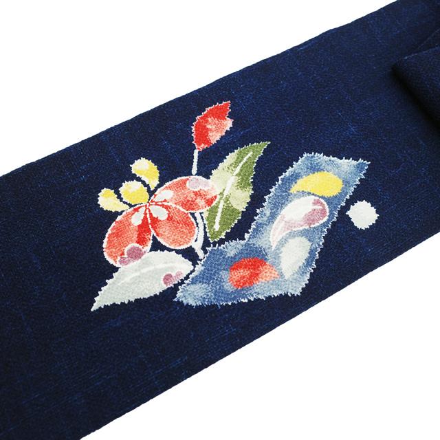 名古屋帯 リサイクル 九寸 縮緬 正絹 染め帯 手染め 濃紺色 青海波