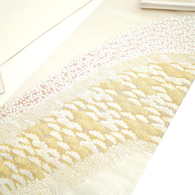 袋帯 フォーマル リサイクル 正絹 手刺繍 引箔地 金糸 白銀地 ホワイト