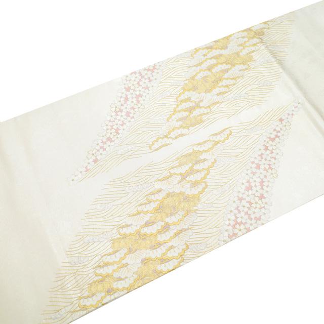 袋帯 フォーマル リサイクル 正絹 手刺繍 引箔地 金糸 白銀地 ホワイト