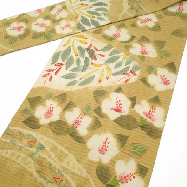 名古屋帯 九寸 鈴木紀絵 型絵染 絞り 紬 正絹 全通 手染め 黄茶地 花