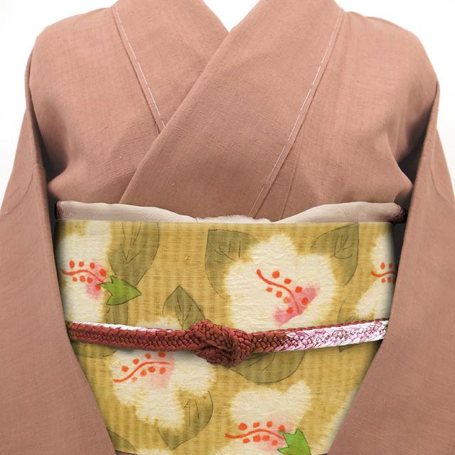 名古屋帯 九寸 鈴木紀絵 型絵染 絞り 紬 正絹 全通 手染め 黄茶地 花