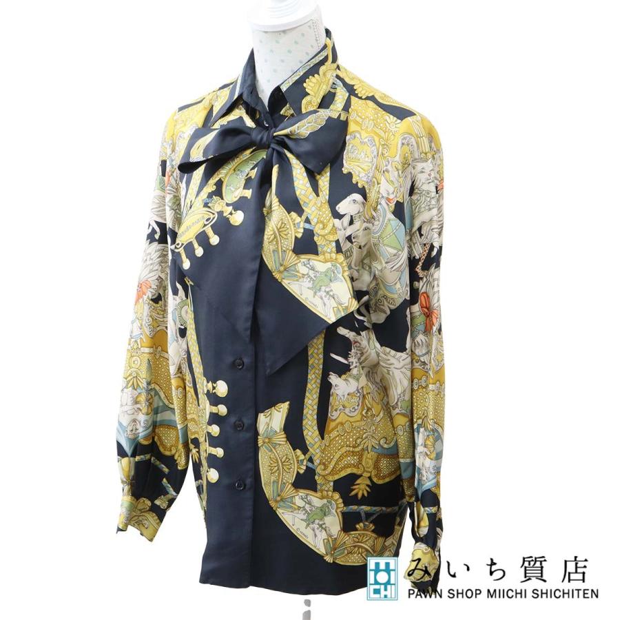 質屋 HERMES エルメス シルク100％ ブラウス シャツ ボウタイ付き 動物