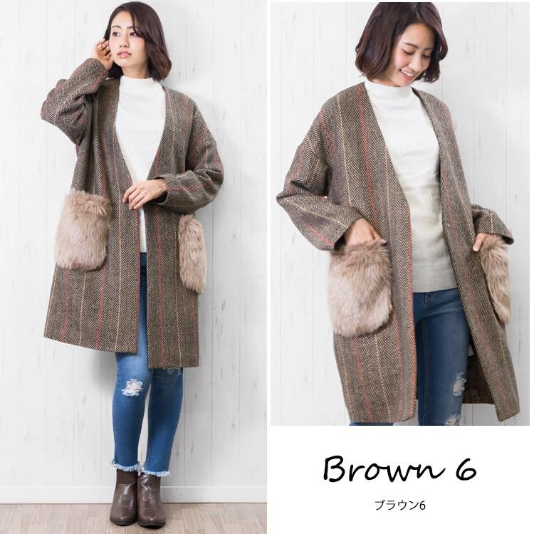 大人コート レディース アウター ファーポケット ウールチェック柄
