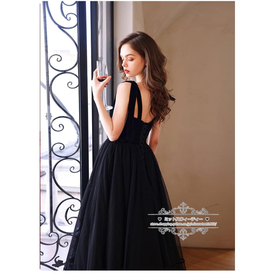 カラードレス リボン ベルベット マキシ丈 イブニングドレス