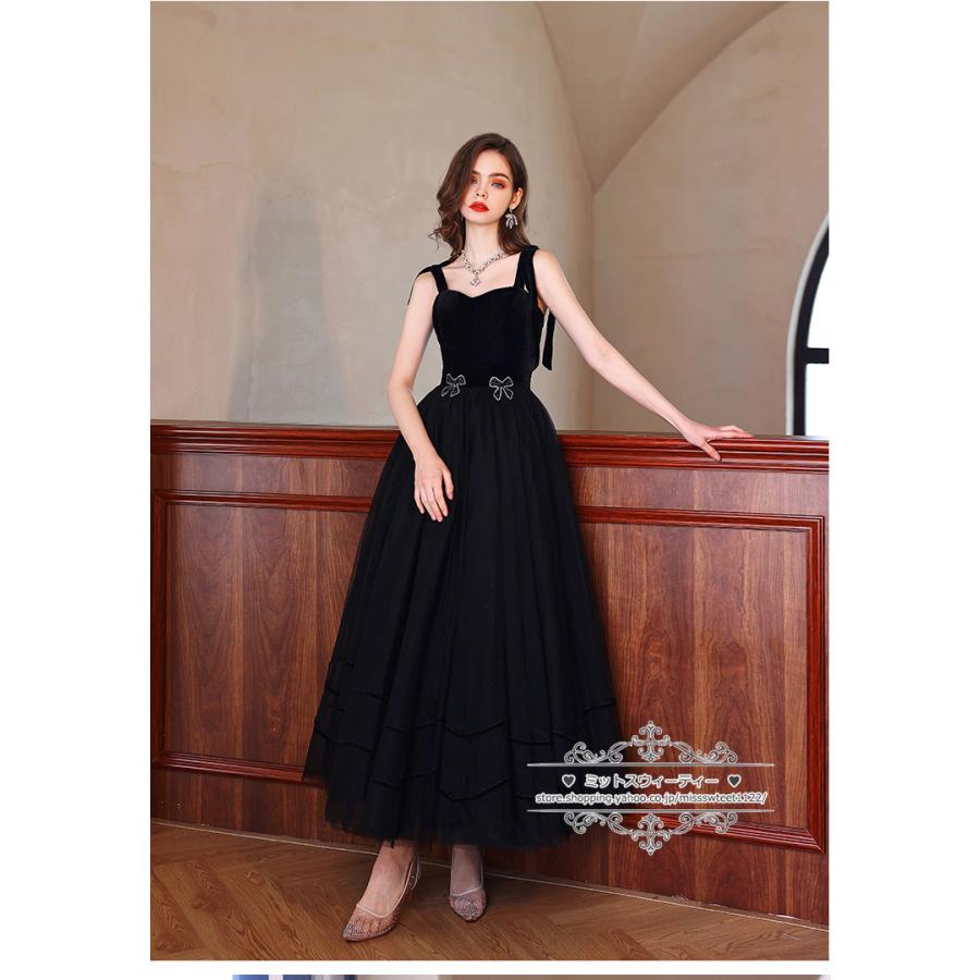 カラードレス リボン ベルベット マキシ丈 イブニングドレス