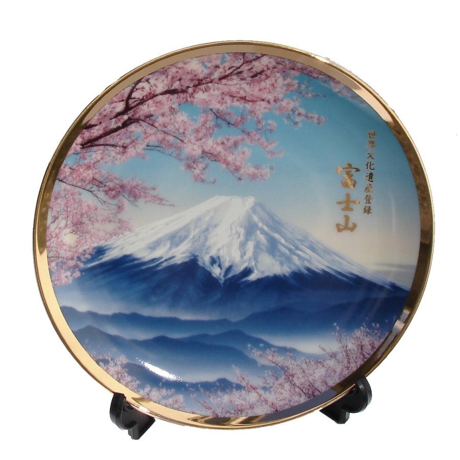 和風絵皿 飾り絵皿 富士山（桜） 皿立て付 Mサイズ 箱入り : MK