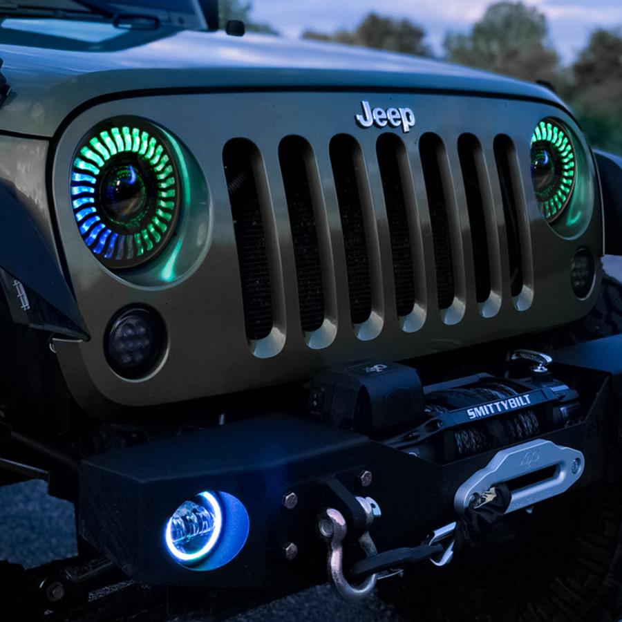 汎用 LED ヘッドライト RGB イカリング ヘッドランプ 7インチ アプリ