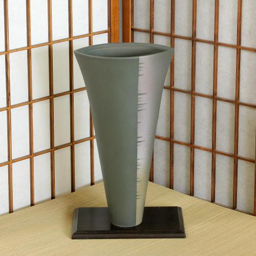 1点物 四日市 万古焼 花器 灰釉 掛分 合わせ 池坊 生け花 和風 洋風