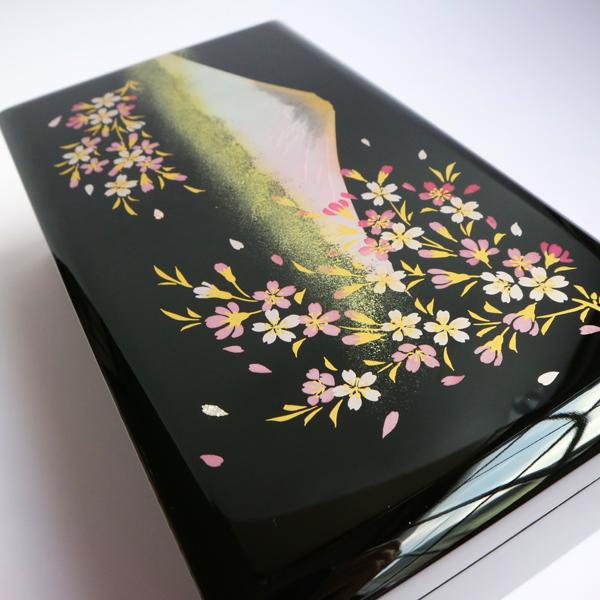 オルゴール プレゼント 会津塗宝石箱L(7.0角)黒／富士に桜 18弁 好きな