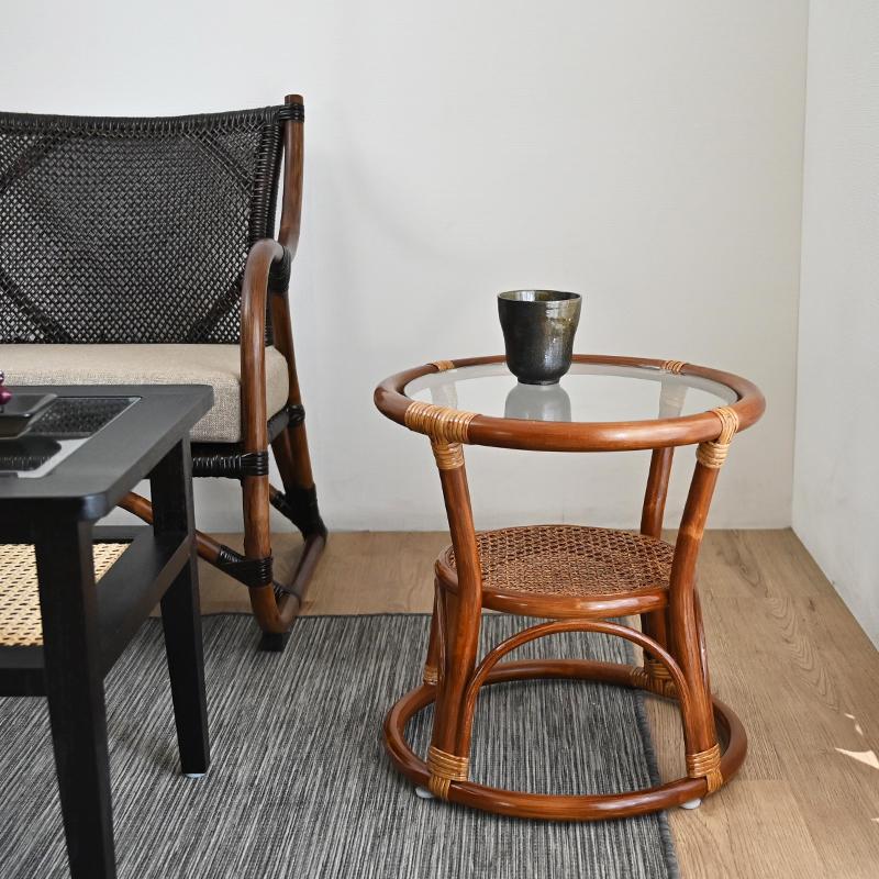 サイドテーブル 籐のテーブル ガラス ラタン 和風 T806HR 爆買