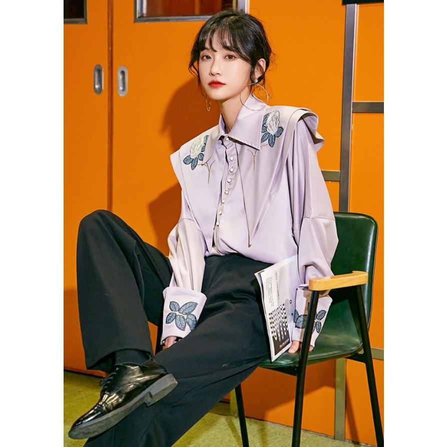 シャツブラウス 花柄 ブラウス レディース 長袖 トップス 春 秋 刺繍