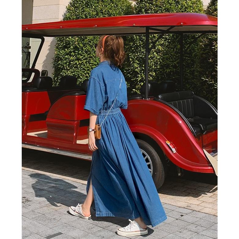 デニムワンピース ロング ワンピース レディース 半袖 デニムシャツ