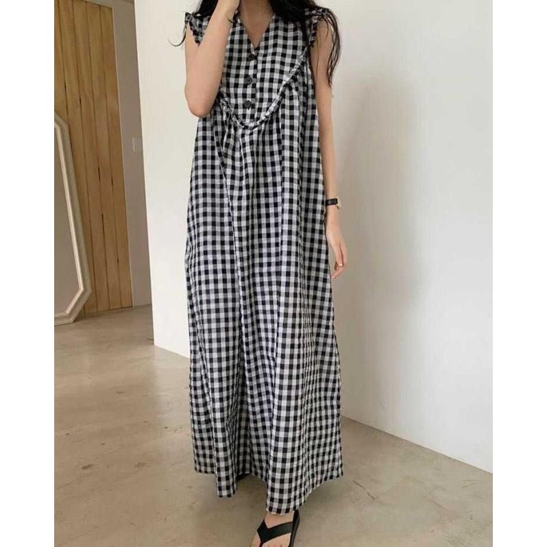 ギンガムチェック ノースリーブ ワンピース ロング 夏 レディース