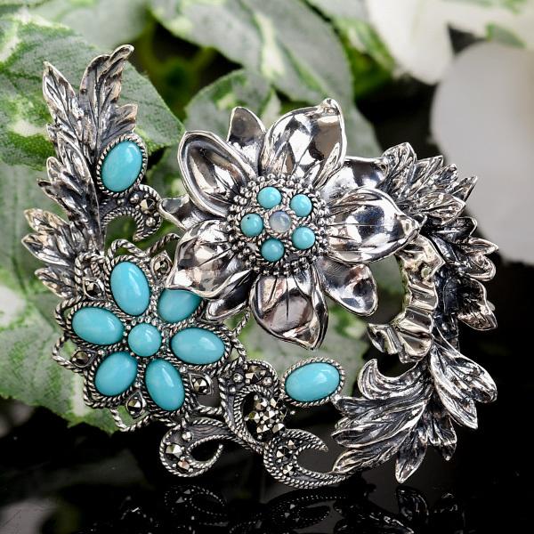 碌山 ターコイズ オパール アカンサスとフラワー ブローチペンダント