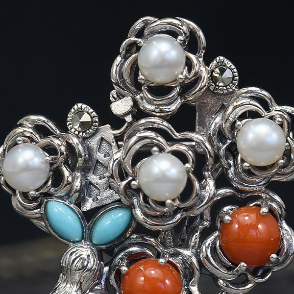 碌山 不思議の国のアリス 薔薇 ブローチペンダント 珊瑚 ターコイズ