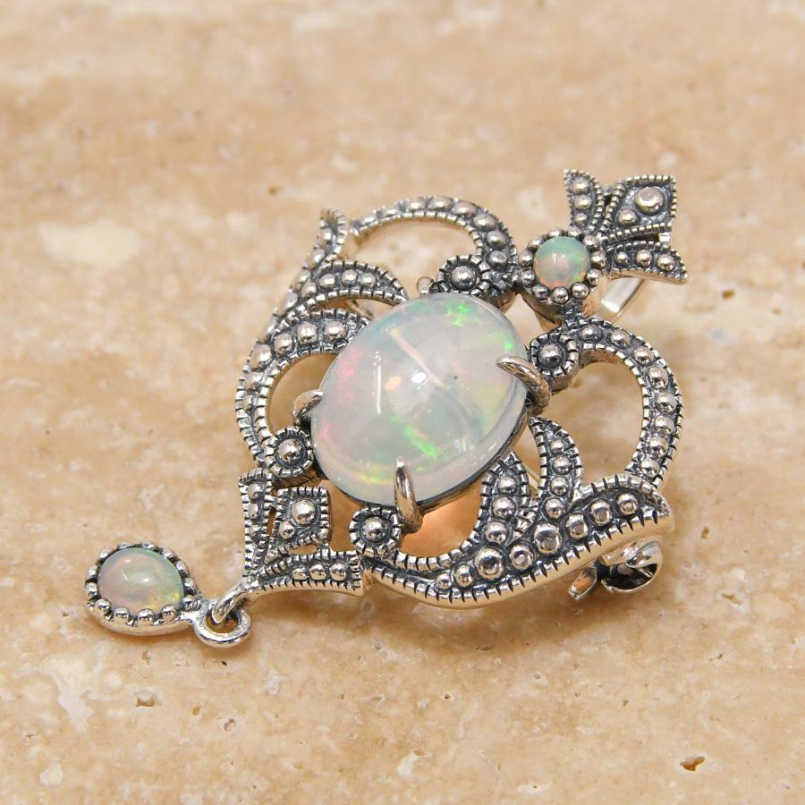 禄山 琥珀 & オパール アーバンリーフ シルバー ブローチ ペンダント