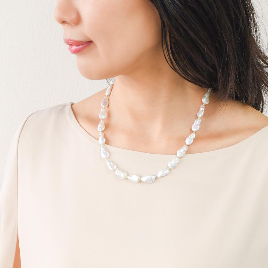 てり特級 バロックパール ネックレス てらてら虹色浮かぶ淡水真珠