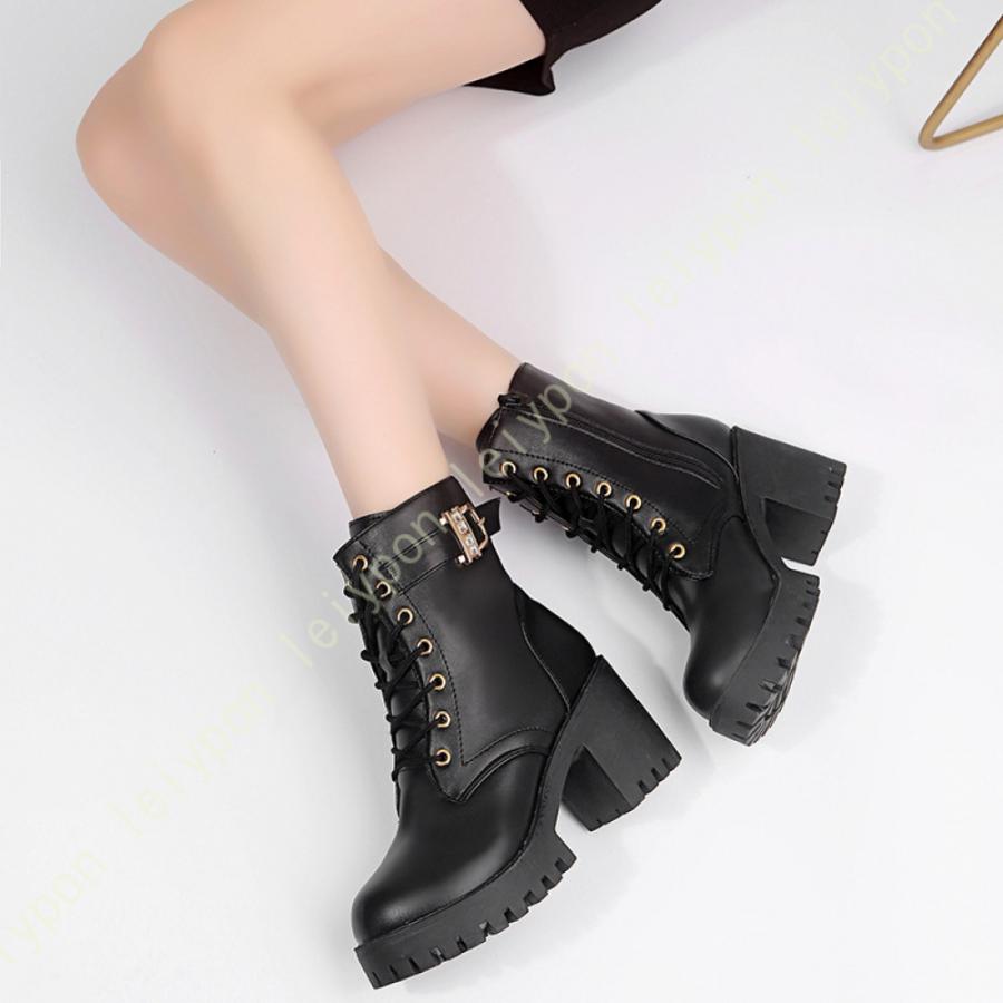 7cm レディース ショートブーツ 厚底 太ヒール サイドジッパー付き