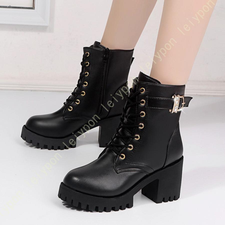 7cm レディース ショートブーツ 厚底 太ヒール サイドジッパー付き