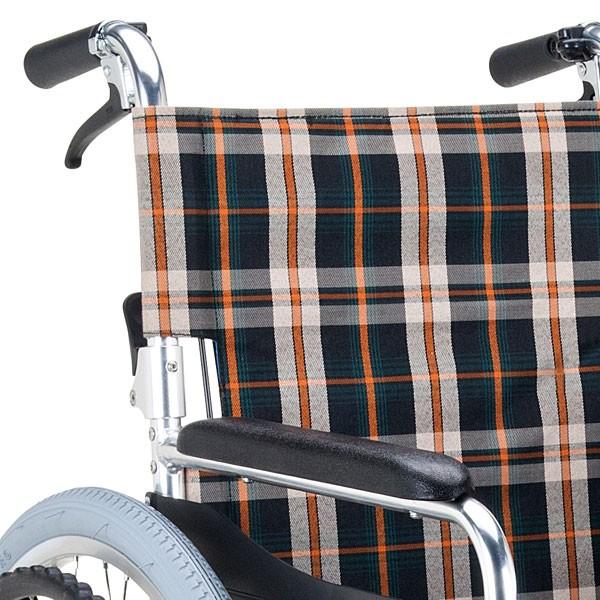 車いす アルミ製 自走式 背折れタイプ 茶チェック 座面幅40cm 非課税