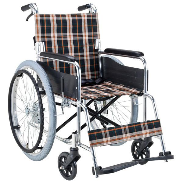 車いす アルミ製 自走式 背折れタイプ 茶チェック 座面幅40cm 非課税