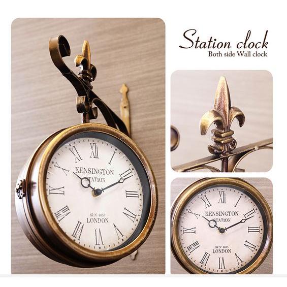 輸入雑貨 時計 吊り下げ時計 両面 ステーションクロック アイアン