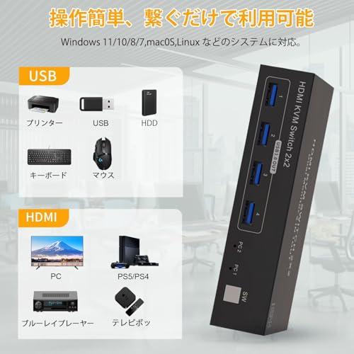 デュアル モニターHDMI KVM 切替器 2PC 共有 ディスプレイ 同時出力