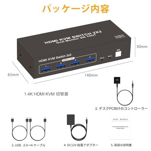 デュアル モニターHDMI KVM 切替器 2PC 共有 ディスプレイ 同時出力