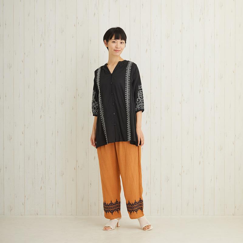 パンツ クロスステッチエンブ レディース ボトムス 無地 ボヘミアン