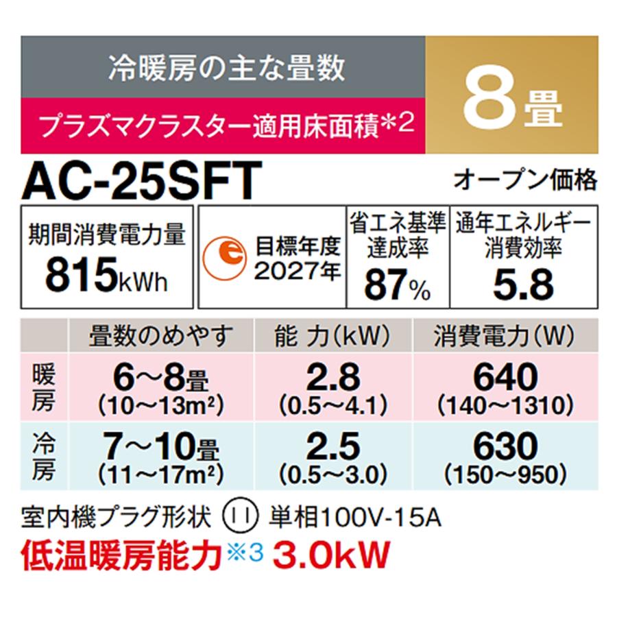 シャープ SHARP エアコン 2024年モデル 8畳程度 AC-25SFT AC25SFT