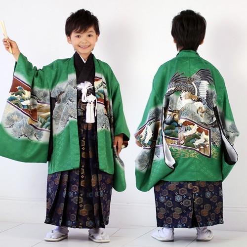 七五三着物レンタル 七五三 5歳 男の子用 羽織袴13点セット「緑地に鷲
