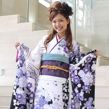 振袖 レンタル 成人式 セット 20点フルセット 「白 紺 青 紫 牡丹 蝶