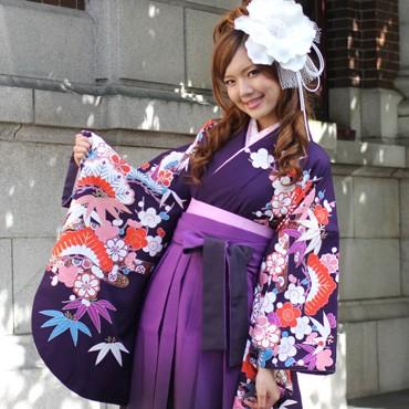 卒業式 袴 レンタル「紫地に縁起物白朱水色松竹梅」 女 袴セット 卒業