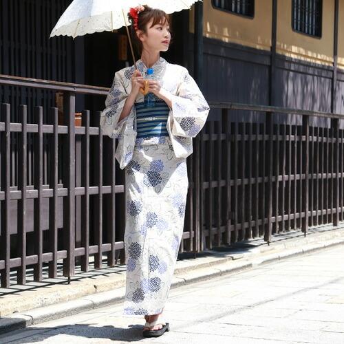 浴衣 単品 レディース レトロ 綿麻浴衣単品「クリームに青紫陽花と紺