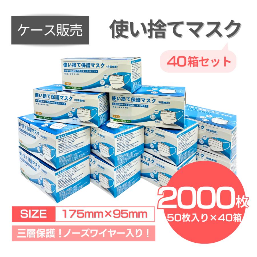 使い捨てマスク 不織布 1ケース＜50枚入り×40箱＝合計2,000枚＞ ケース